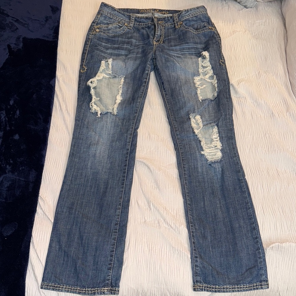 Medium Wash Blue Straight Leg Jeans with Distressing